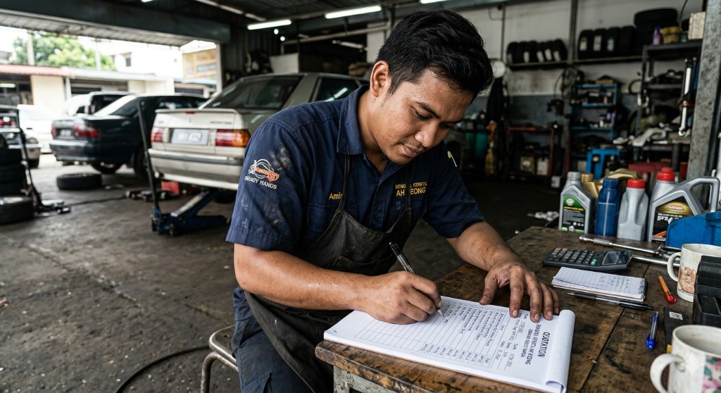 Staf bengkel menulis quotation secara manual di kaunter