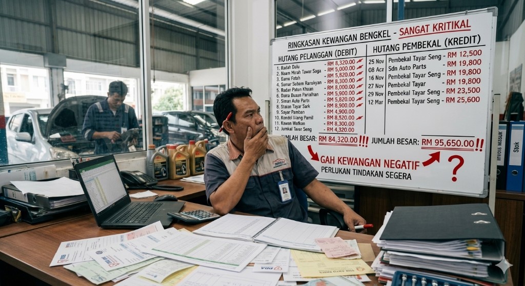 Papan ringkasan hutang pelanggan dan pembekal di bengkel