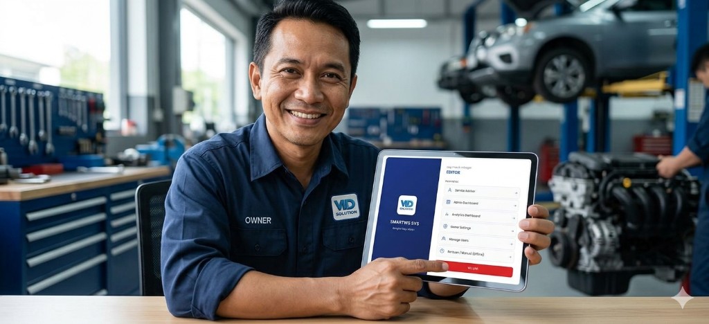 Pemilik bengkel menunjukkan tablet dengan menu SMARTWS SYS